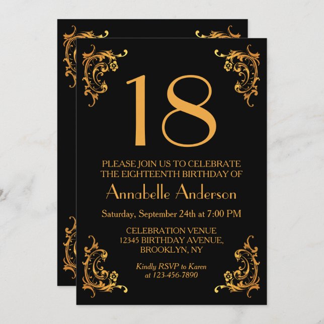 Convite 18º Aniversário Glam Moderno Dourado Vintage Retro (Frente/Verso)