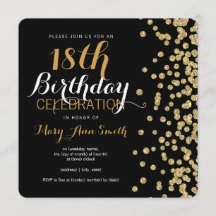 Convite 18.º Aniversário Dourado Faux Glitter Confetti Bla