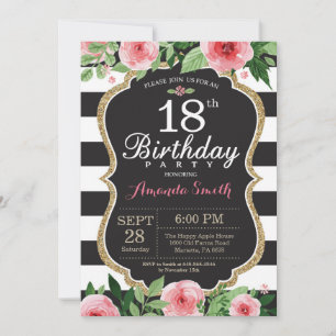 Convite 18.º Aniversário, Mulheres. Preto Dourado Floral
