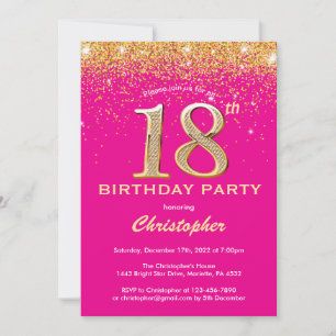 Convite 18.º Aniversário, Rosa Quente e Dourado Confetti