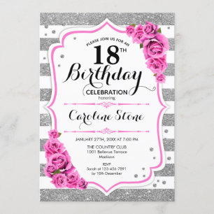 Convite 18.º aniversário - Rosas rosa prateadas brancas