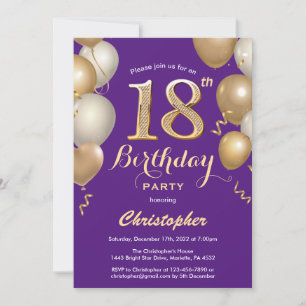Convite 18.º Aniversário Roxo e Balões Dourados Confett