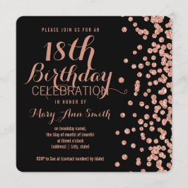 Convite 18. Rosa de aniversário Faux Glitter Confetti Blac