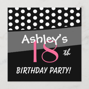 Convite 18o Bolinhas cor-de-rosa brancas pretas do