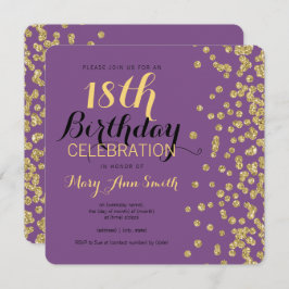 Convite 18o Roxo Dourado dos confetes do brilho do falso