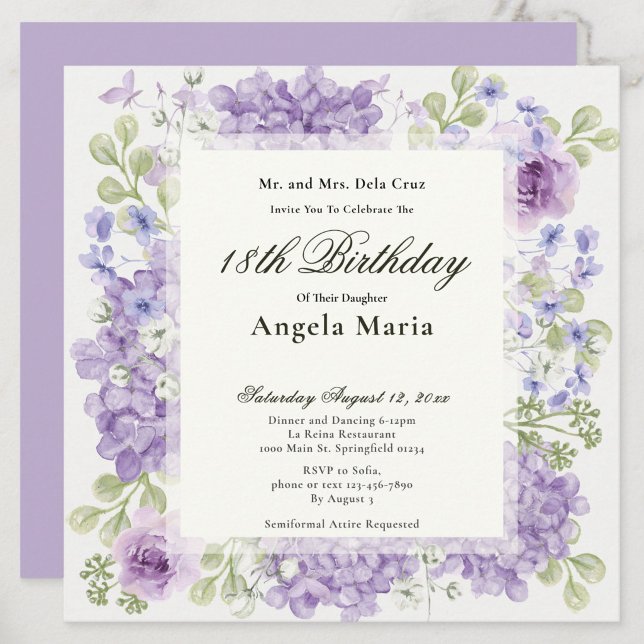 Convite 18th Birthday Invitation Elegant Purple Flowers (Criador carregado)