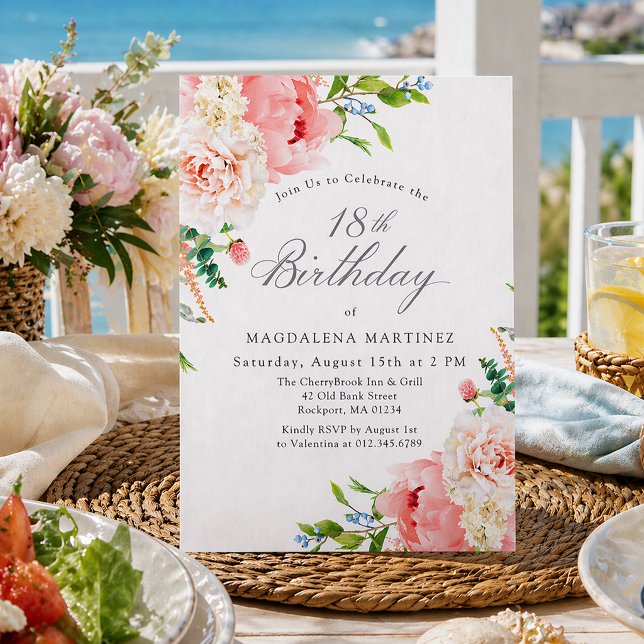 Convite 18th Birthday Party Feminine Pink Roses Floral Inv (Criador carregado)