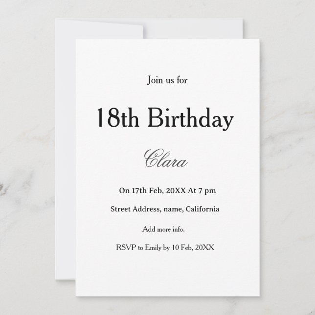 Convite 18th birthday simple name minimal black white  (Frente)