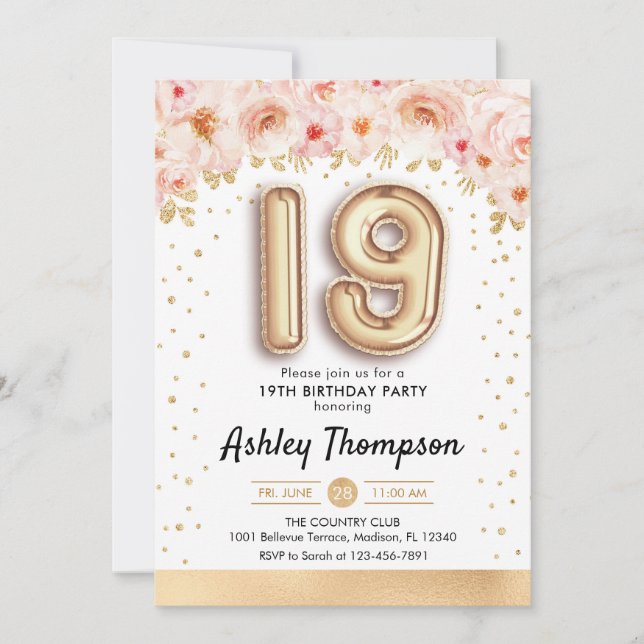 Convite 19ª Festa de aniversário - Balões Dourados (Frente)