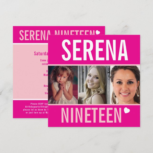 Convite 19º evento de festa de aniversário, foto rosa-rosa (Frente/Verso)