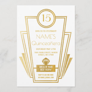 Convite 1920 da Quinceanera Art Deco Gatsby Dourado