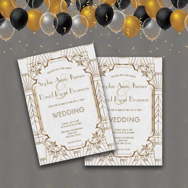 Convite 1920 de Deco de Arte Branca do Excelente Dourado (Wedding white gold Art Deco invitation, Glamorous Trendy Wedding invitation, All seasons wedding )