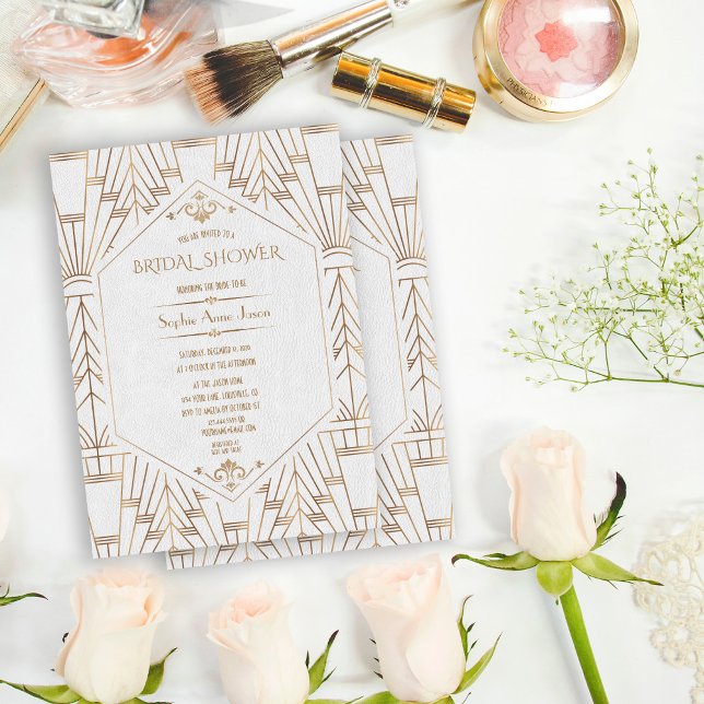Convite 1920 Gatsby do Excelente Branco Dourado Real (trendy white gold Art Deco bridal shower invitation, roaring 20s elegant bridal shower invite, )