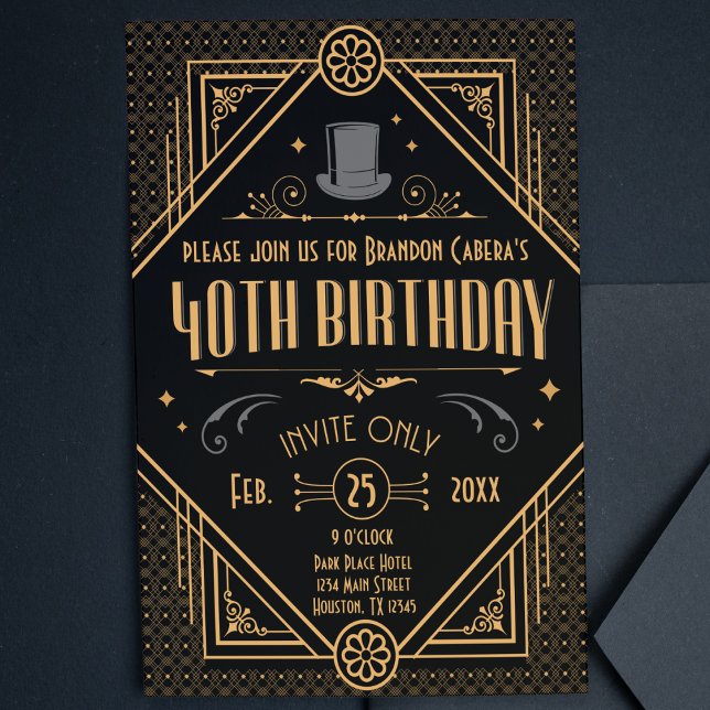 Convite 1920 Preto e Dourado da Arte de aniversário de 40  (40th birthday speakeasy 1920s gold invite casino Art Deco cool classy unique invitation for him)