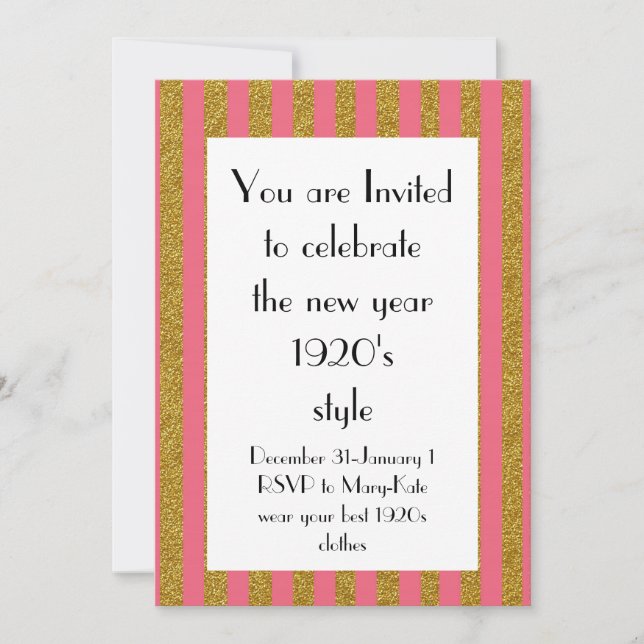 Convite 1920 rosa e Dourado Festa de Ano Novo (Frente)