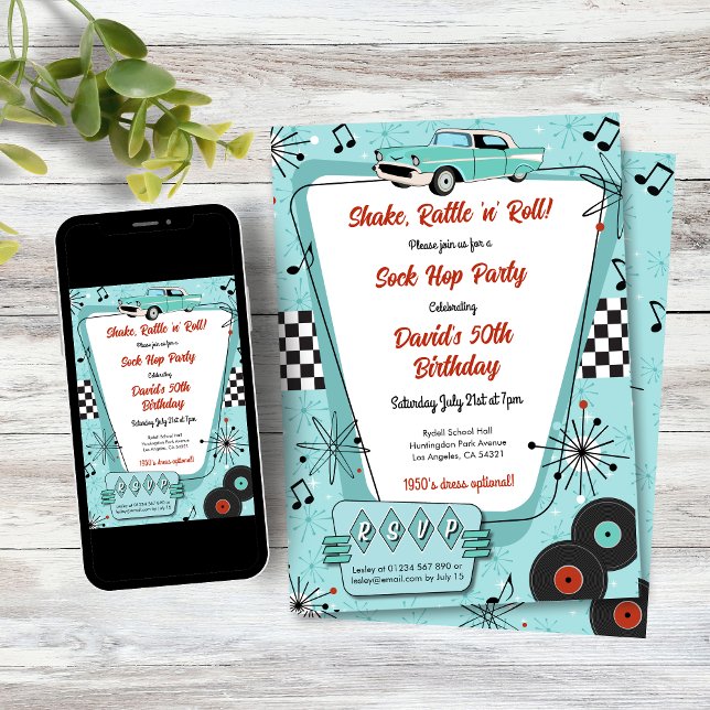 Convite 1950's Sock Hop Party (1950s Sock Hop Dance Party Invitation)