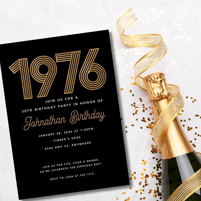 Convite 1976 Black and Faux Gold 50th Birthday Invitation  (1976 Black and Faux Gold 50th Birthday Invitation)