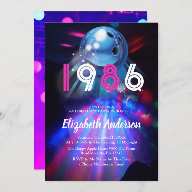 Convite 1986 Disco Bowling  40th Birthday Party Invitation (Frente/Verso)
