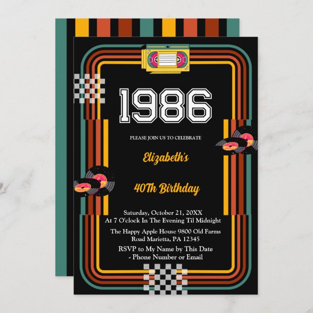 Convite 1986 Retro Cassette Disco 40th Birthday (Frente/Verso)