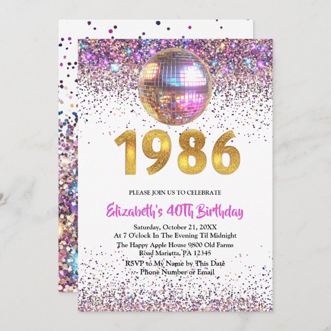 Convite 1986 Trendy Glitter Disco 40th Birthday (Frente/Verso)