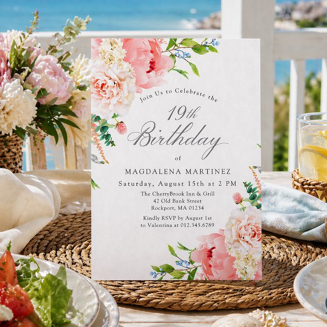 Convite 19th Birthday Party Feminine Pink Roses Floral Inv (Criador carregado)