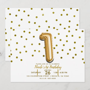 Convite 1 Balão Dourado e Confetes Aniversário de 1 Ano