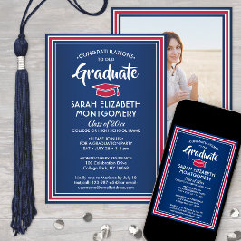 Convite 1 Foto Elegante Graduação de Azul Branco Vermelho