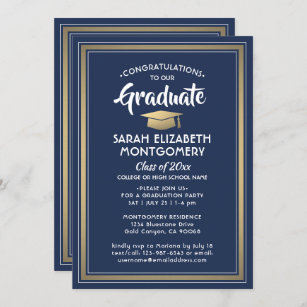 Convite 1 Foto Elegante Marinho Azul Dourado e Graduação B