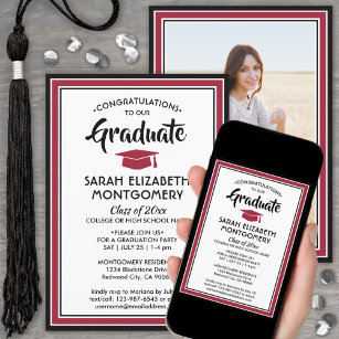 Convite 1 Foto Elegante Moderno Graduação de Branco Vermel