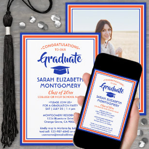 Convite 1 Graduação Elegante de Foto Laranja e Azul