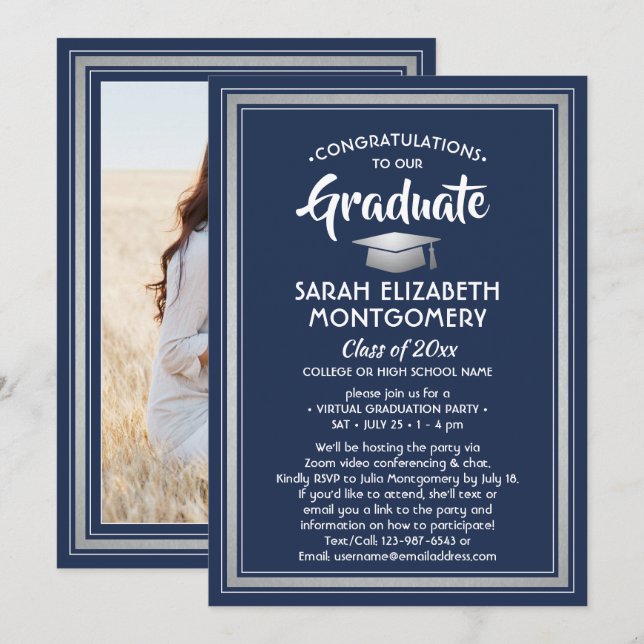 Convite 1 Marinho de Graduação Virtual de Foto Prata Branc (Frente/Verso)