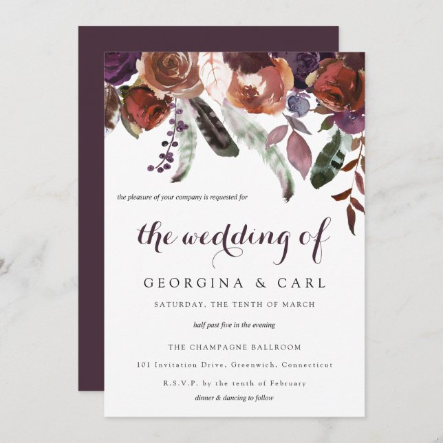 Convite 1 Para Casamento Butterum & Plum (Frente/Verso)