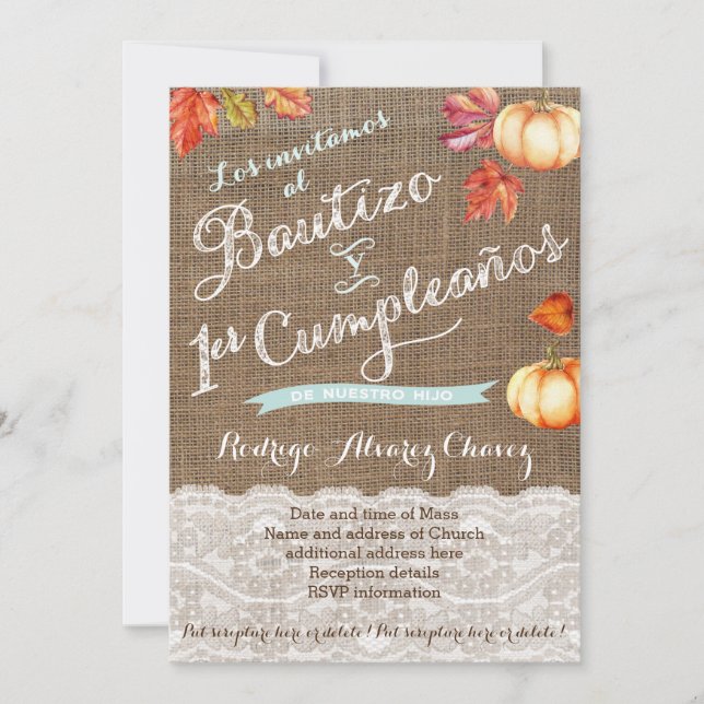 Convite 1er cumple y Bautizo, convidações calabazas (Frente)