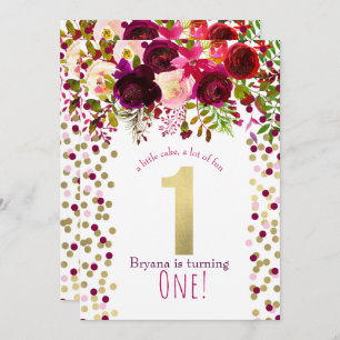 Convite 1rua 1 Festa de aniversário Dourada Borgonha Branc