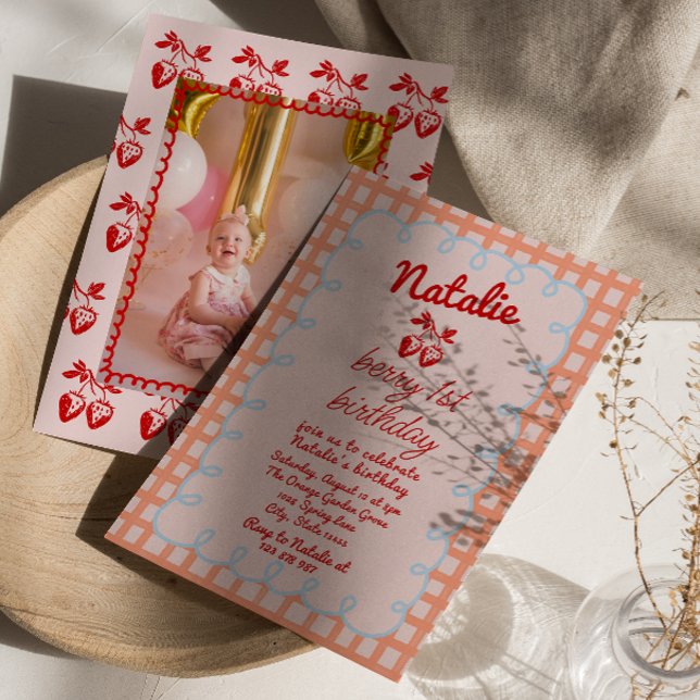 Convite 1rua Berry Desenhou Foto de Morango Foto Aniversár (Criador carregado)