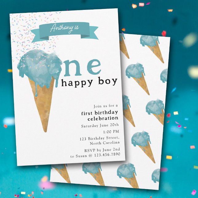 Convite 1rua Primeiro Aniversário Um Feliz Sorvete Azul (1st First Birthday One Happy Boy Blue Ice Cream Invitation)