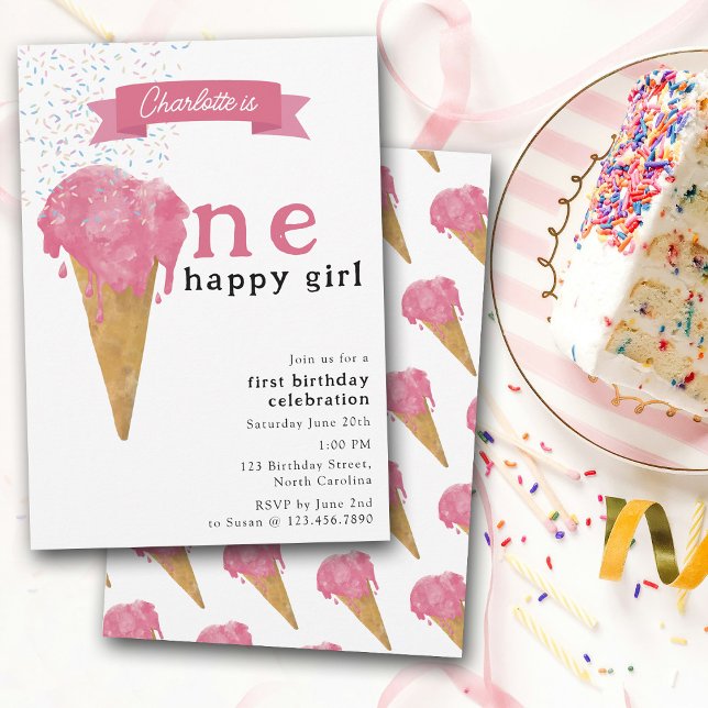 Convite 1rua Primeiro Aniversário Um Sorvete Rosa Feliz (1st First Birthday One Happy Girl Pink Ice Cream Invitation)