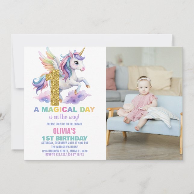 Convite 1rua Rainbow Unicorn Birthday Invtions w foto (Frente)