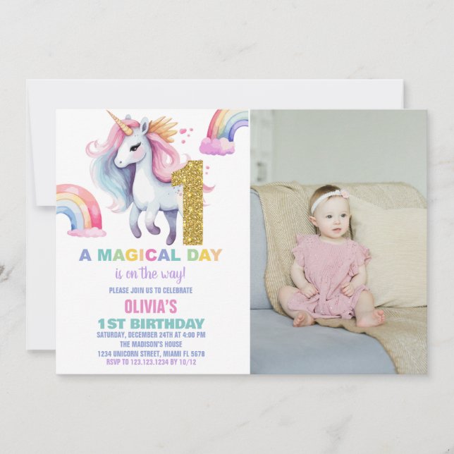 Convite 1rua Rainbow Unicorn Birthday Invtions w foto (Frente)