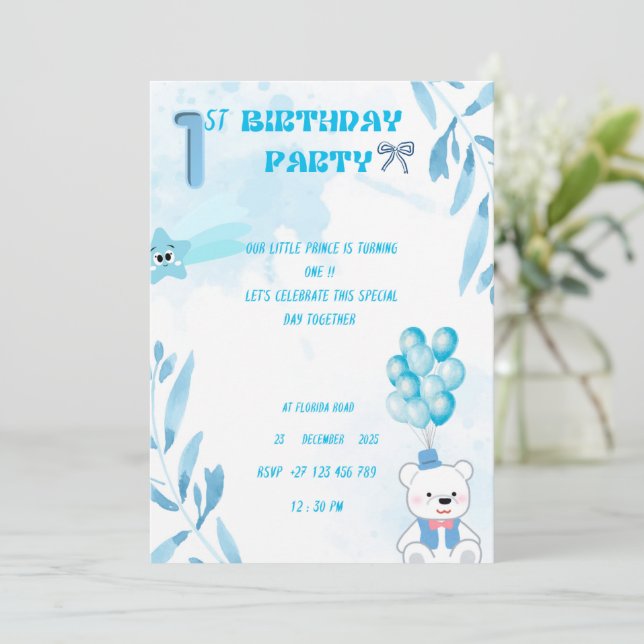 Convite 1st baby boy birthday invitation  (Em pé/Frente)