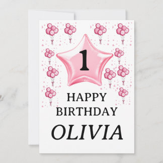 Convite 1st baby girl happy birthday cute pink balloons
