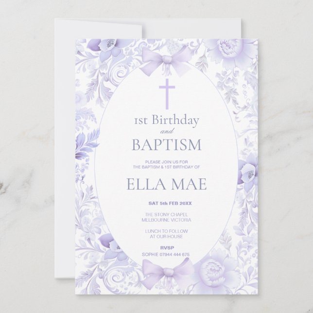 Convite 1st Birthday and Baptism for Girl Lilac Floral (Frente)