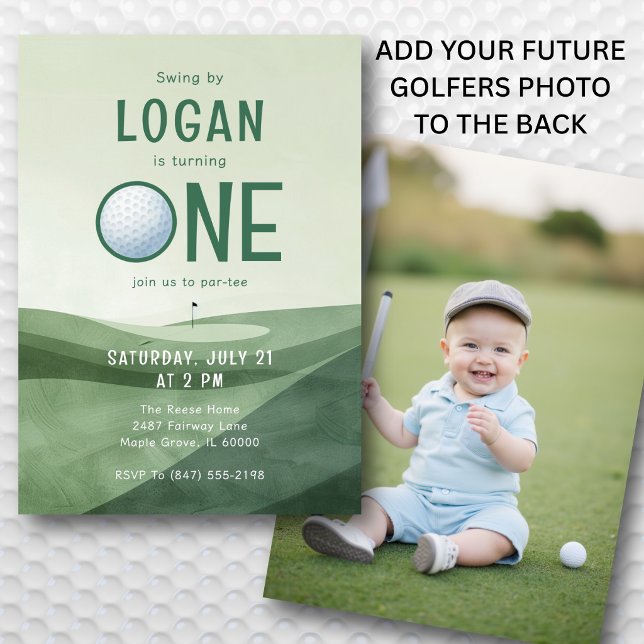Convite 1st Birthday Golf Par-tee Photo Watercolor  (Neutral green palette works beautifully for both boys and girls.)