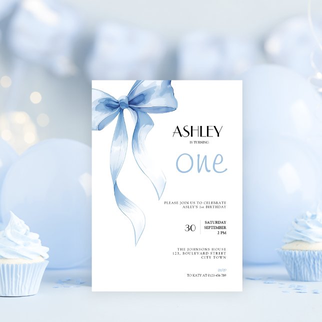Convite 1st Birthday Invitation Blue Bow for Girls (Blue bow coquette 1st birthday invitation for girls)