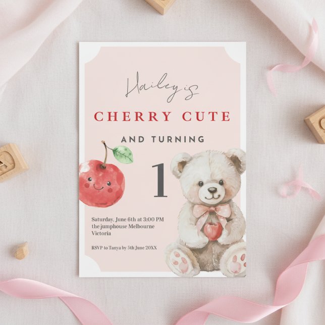 Convite 1st Birthday Invitation Cherry Cute Teddy Theme (Cherry cute teddy 1st birthday invitation with fruit theme and pink watercolor accents)