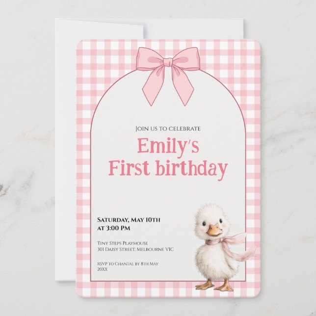 Convite 1st Birthday Invitation Gingham Duck Theme Kaart (Frente)