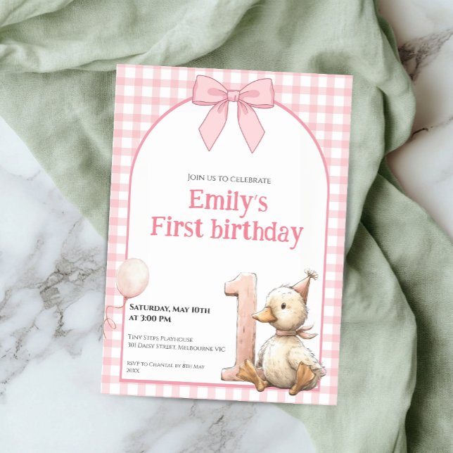 Convite 1st Birthday Invitation Gingham Duck Theme Kaart (Criador carregado)