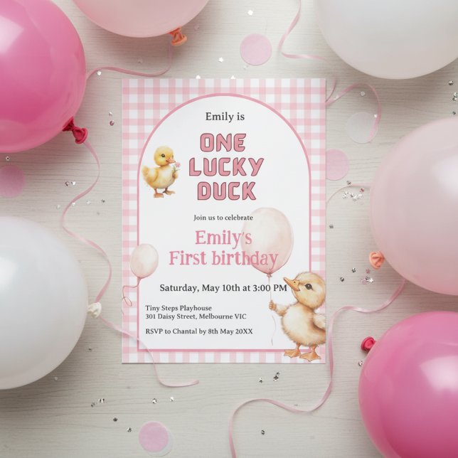 Convite 1st Birthday Invitation One Lucky Duck Theme (One Lucky Duck 1st birthday invitation with watercolor ducklings and pink gingham design)