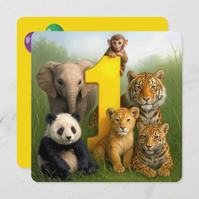 Convite 1st Birthday Party Wildlife Animal Babies (Frente/Verso)