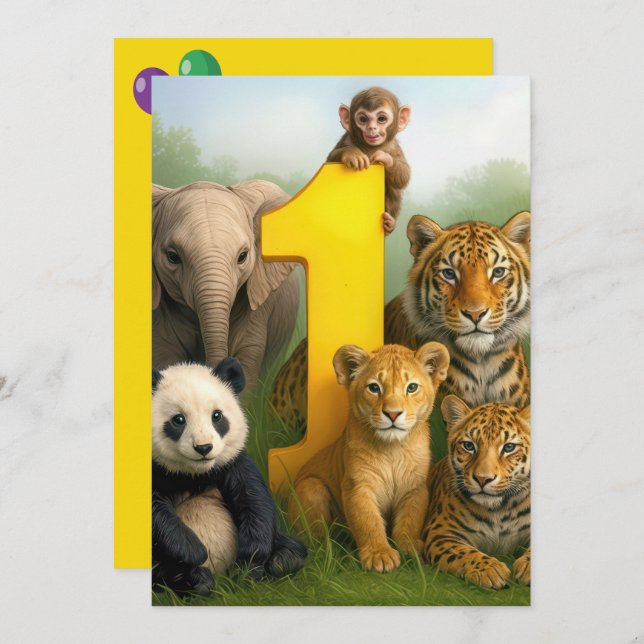 Convite 1st Birthday Party Wildlife Animal Babies (Frente/Verso)